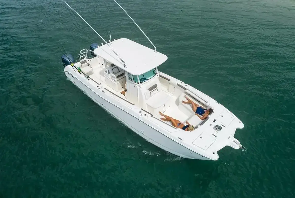 On the Sea Charters power catamaran Cheshire in turquoise Caribbean waters off St. John, US Virgin Islands