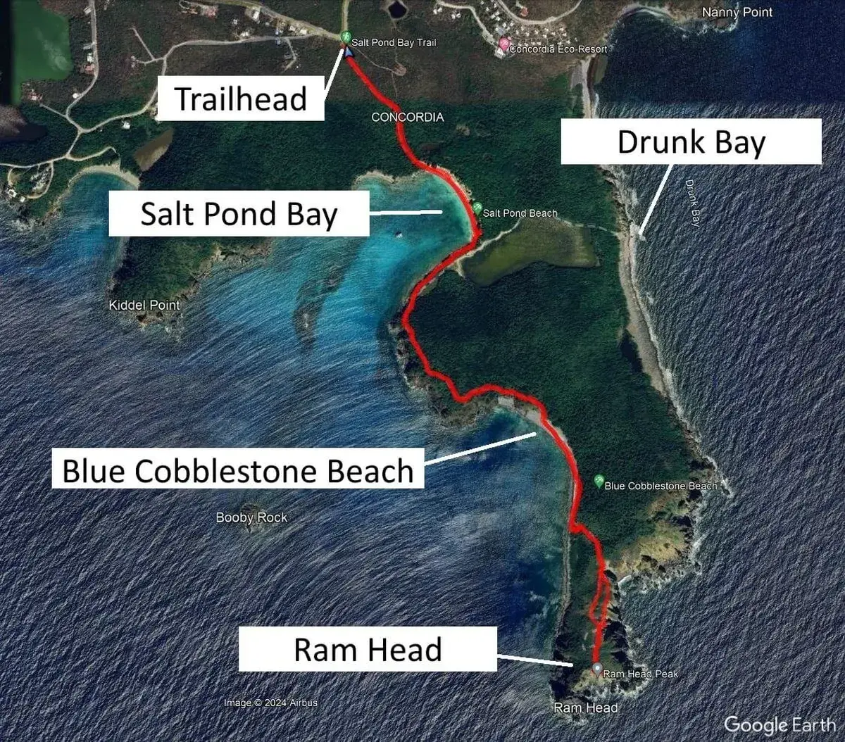 Ram Head Trail map showing the hiking route from Salt Pond Bay trailhead south past Blue Cobblestone Beach to Ram Head Peak on St. John, USVI
