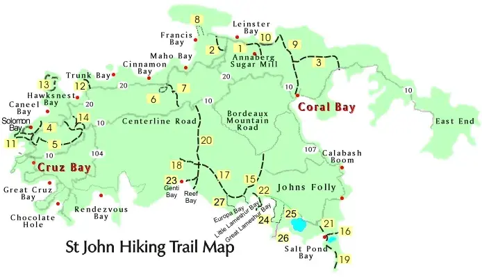 St. John hiking trail map with 27 numbered trails showing North Shore and South Shore routes through Virgin Islands National Park