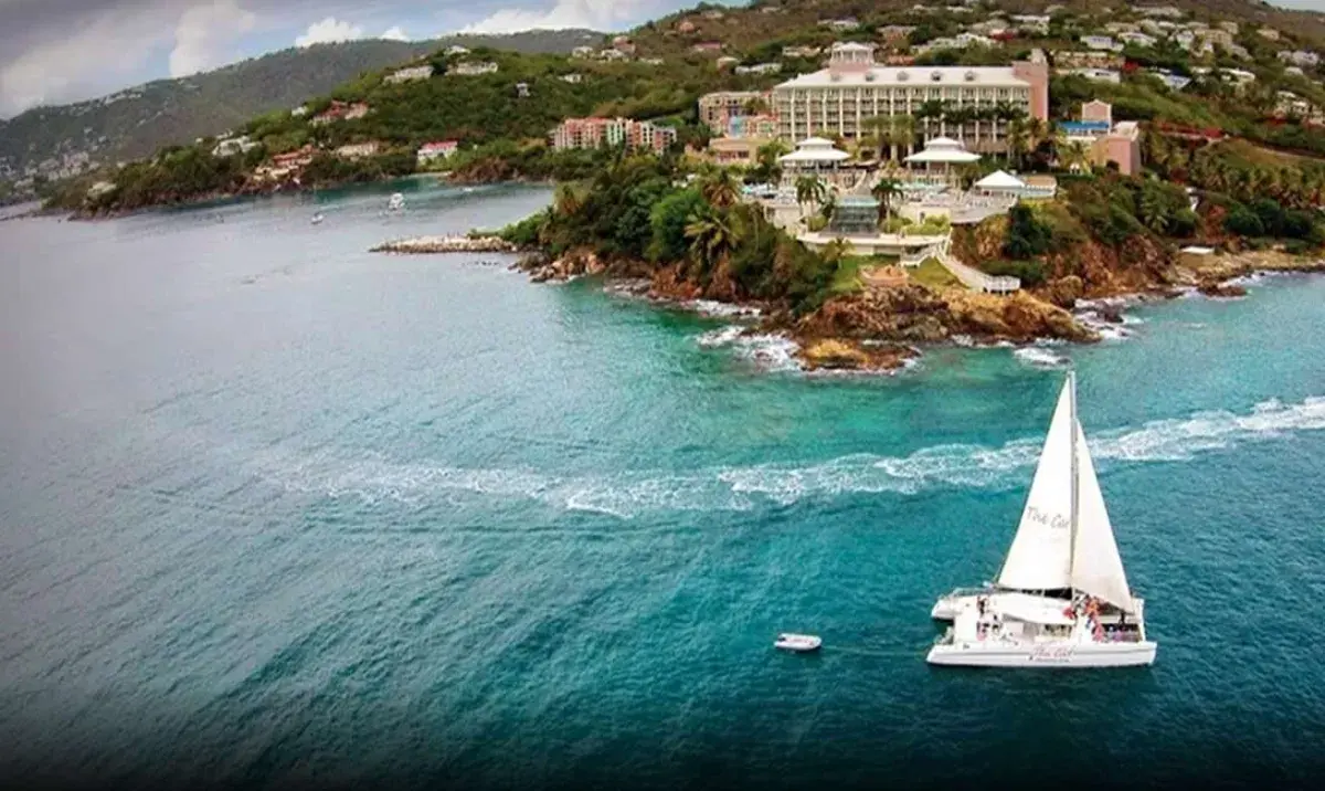 The VI Cat — 54-foot catamaran sailing off St. Thomas for daily Turtle Cove snorkel and sunset dinner cruises