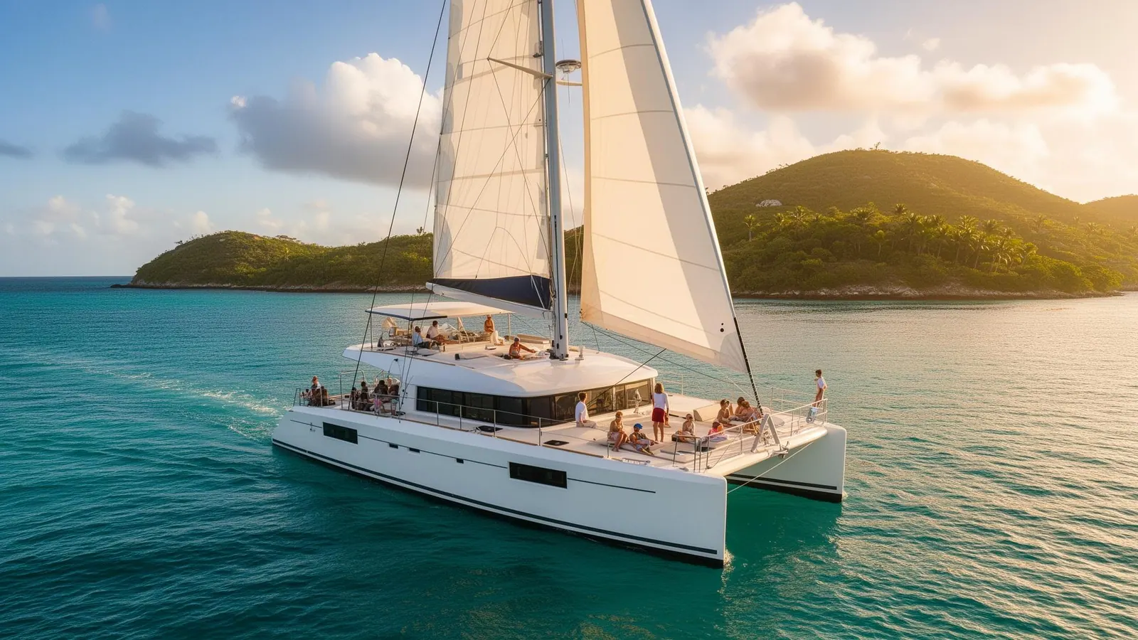 Catamaran sailing through clear blue waters near St. Thomas US Virgin Islands