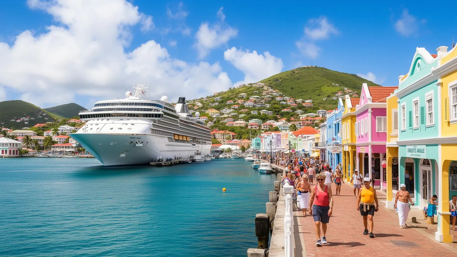 Cruise ship docked at Charlotte Amalie harbor in St. Thomas with colorful town in background