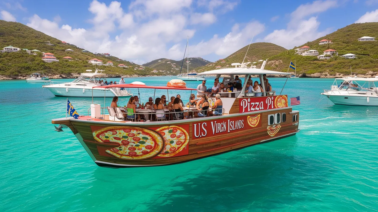 Group of people on inflatable rafts in front of the colorful Pizza Pi VI floating pizza boat in the US Virgin Islands
