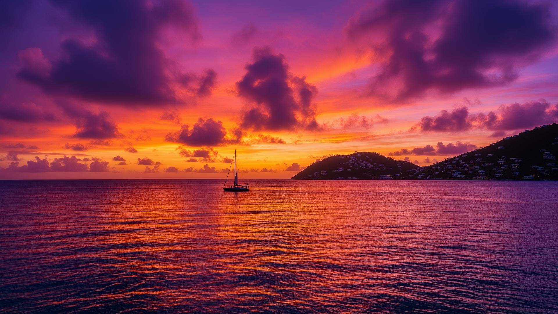 Sunset cruise sailing past Charlotte Amalie harbor in St. Thomas, US Virgin Islands