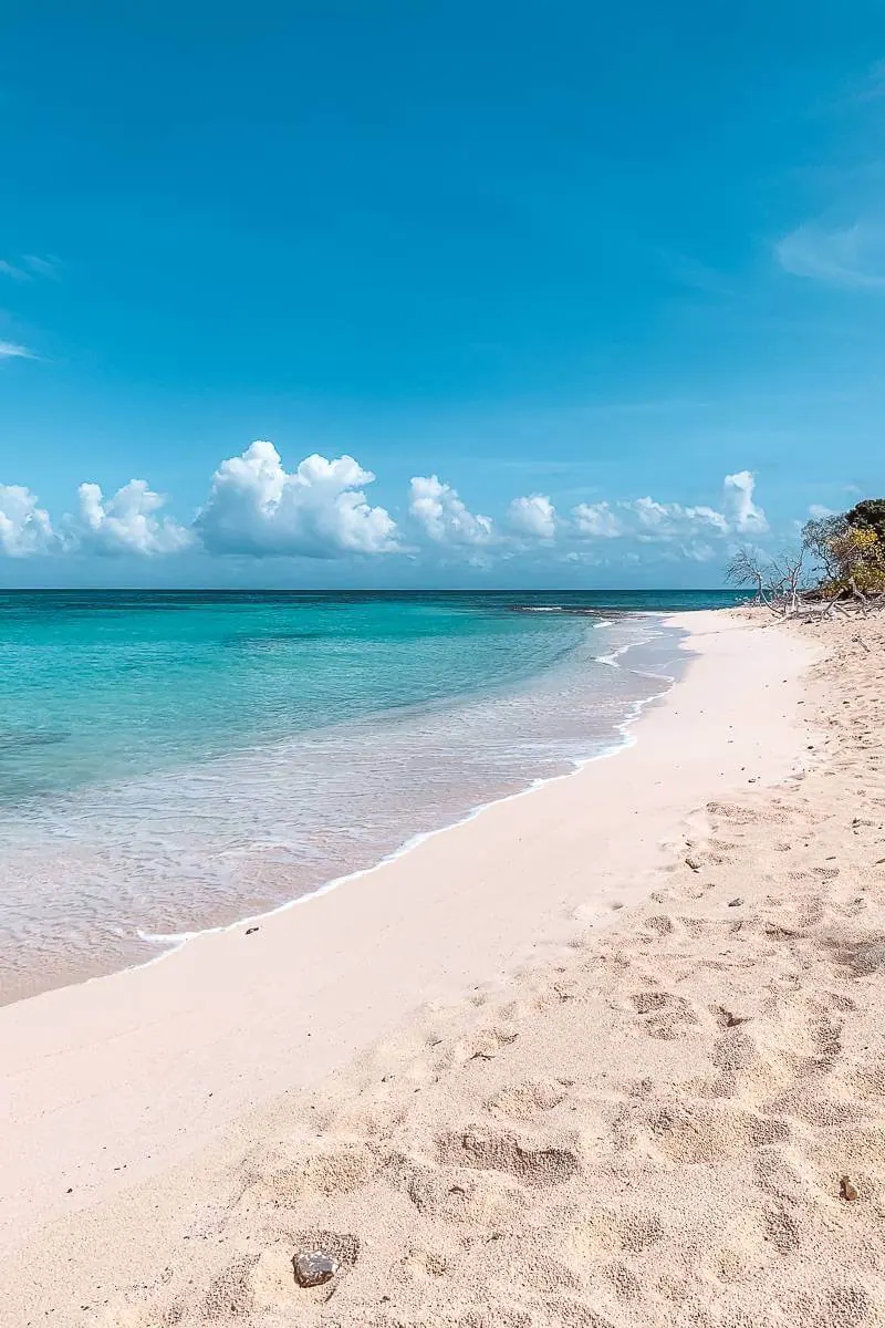 Pristine white sand beach with turquoise Caribbean water and blue sky in the US Virgin Islands