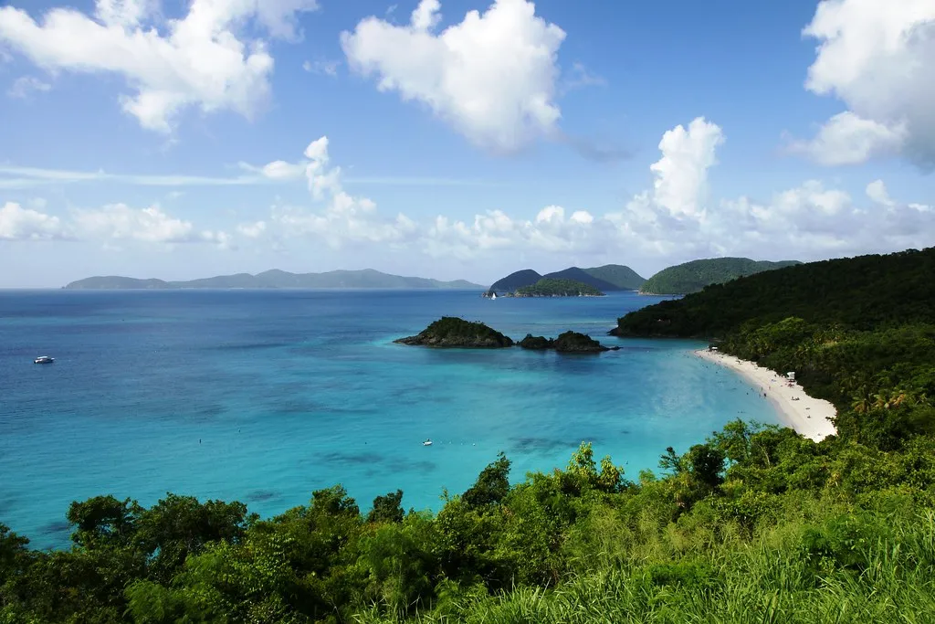 Sheltered turquoise cove with white sand beach in the Virgin Islands