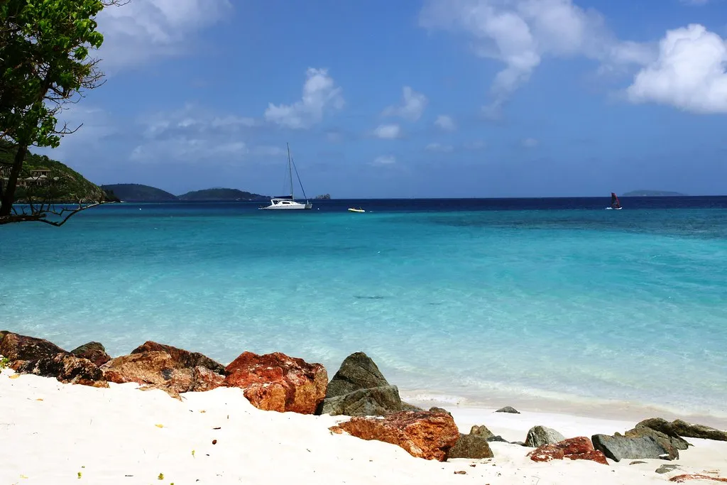 Rocky shoreline and bright turquoise water on a Virgin Islands beach