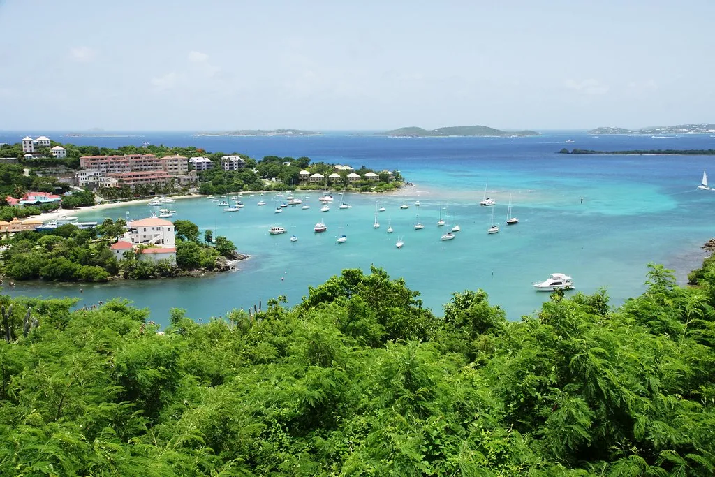 Hillside view over a Virgin Islands harbor with boats moored in a sheltered bay