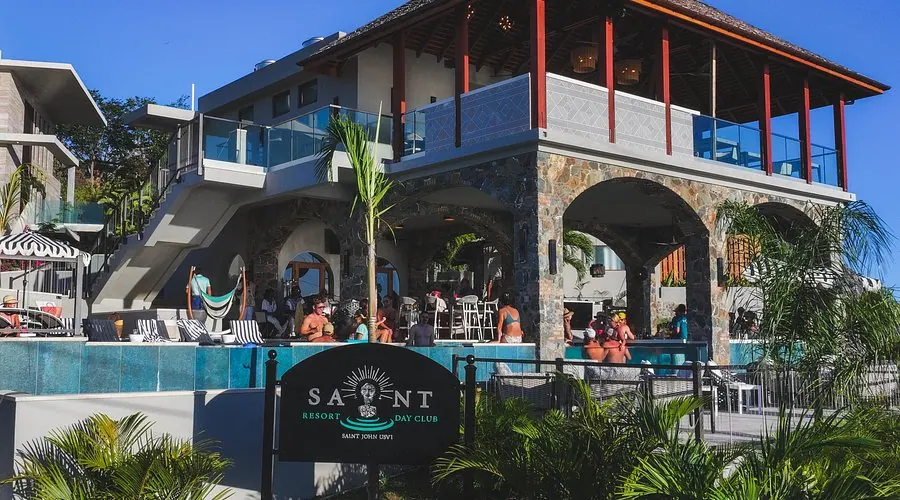 The Saint Resort & Day Club pool, bar, and stone-arched lounge in Cruz Bay, St. John USVI