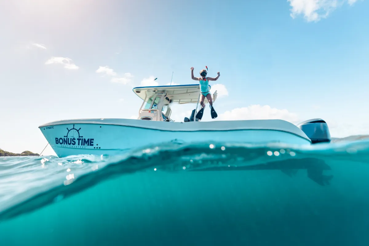 Bonus Time Charters World Cat power catamaran anchored in a turquoise BVI bay