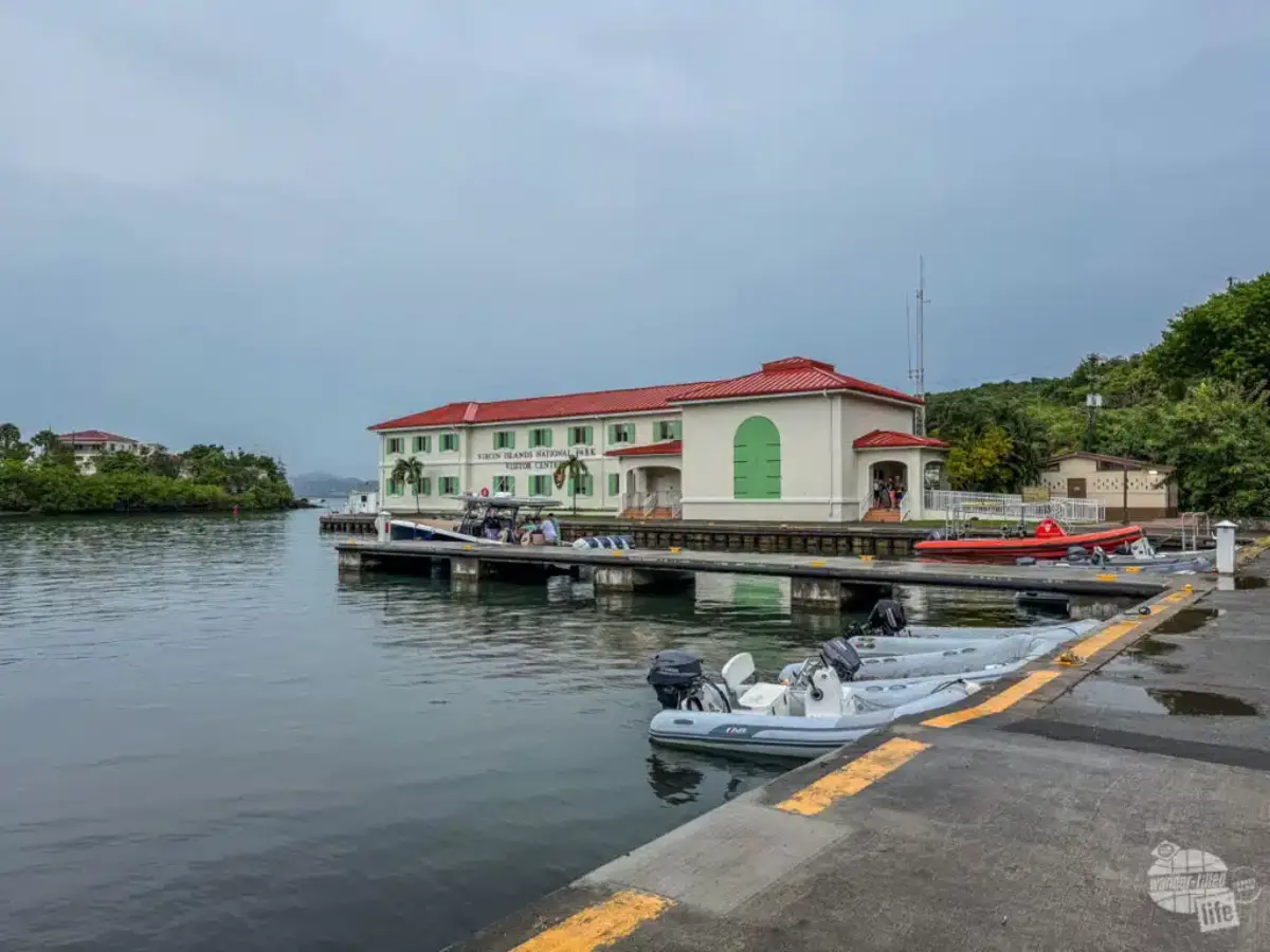 Virgin Islands National Park Visitor Center and dock at Cruz Bay, St. John with charter boats