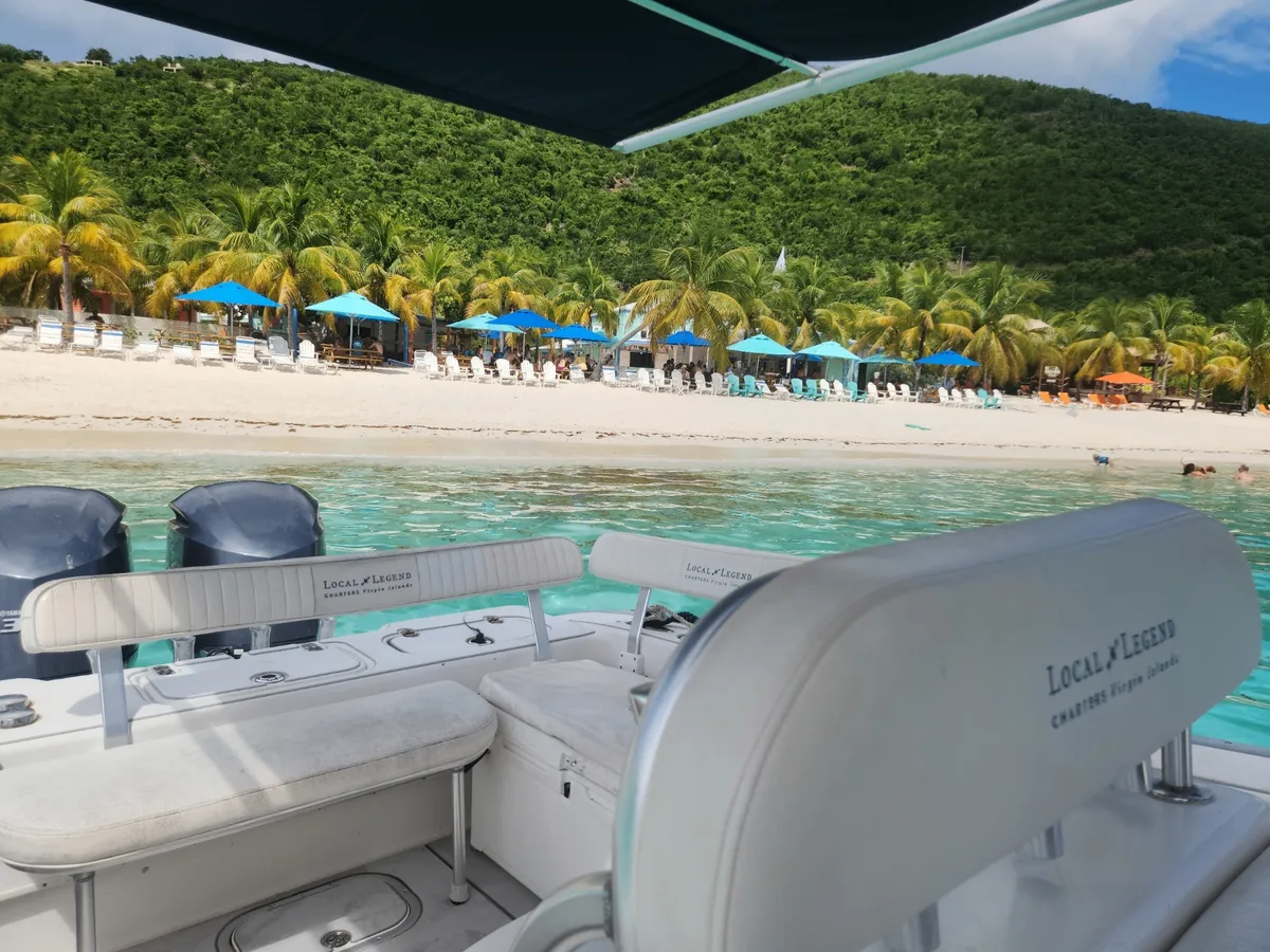 Local Legend Charters 32-foot Cape Horn center console cruising over turquoise USVI reef water