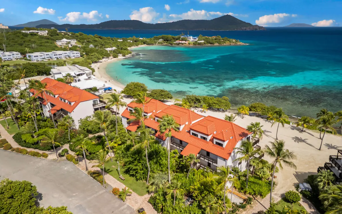 Aerial view of Sapphire Beach resort and turquoise waters on the east end of St. Thomas, USVI