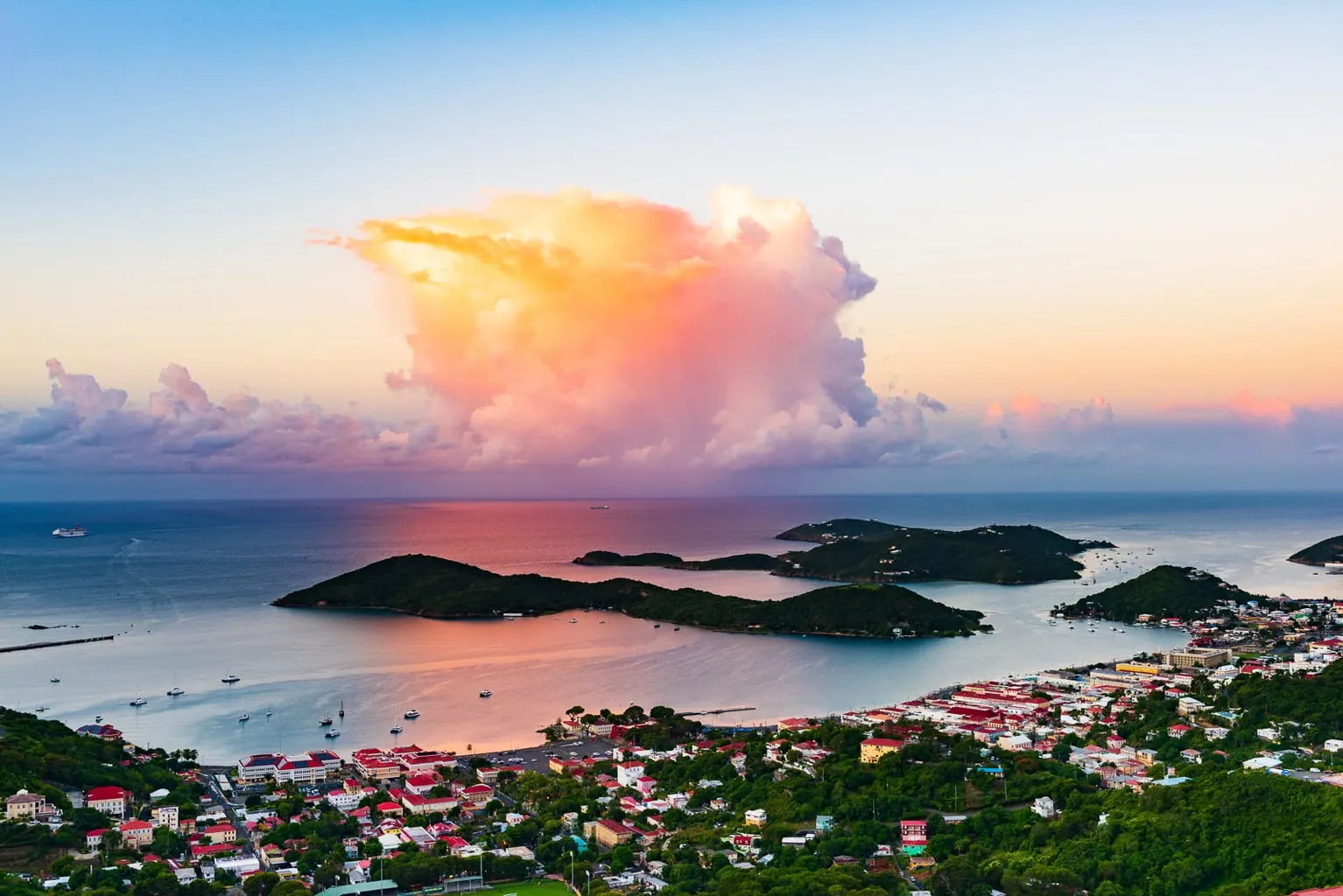 Aerial view of St. Thomas harbor and Charlotte Amalie with turquoise Caribbean waters