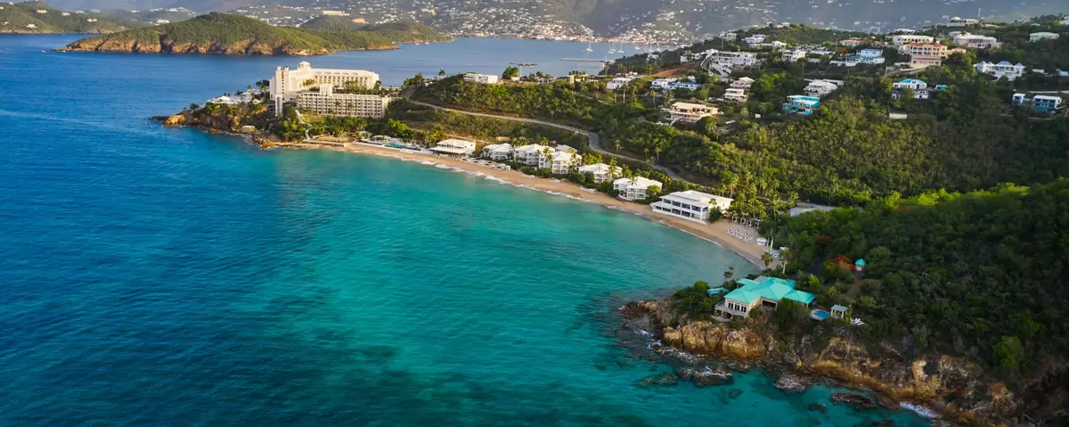 Aerial view of Westin Frenchman's Reef resort and beach on the southeastern coast of St. Thomas, USVI