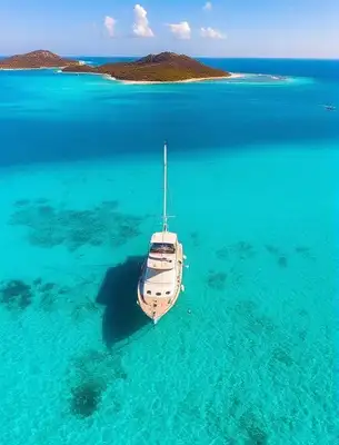 Private charter boat anchored in turquoise Caribbean waters near St. Thomas USVI